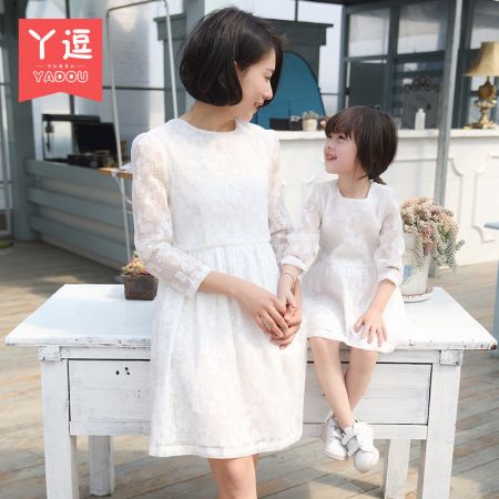 丫逗童装女童亲子装连衣裙2016秋装韩版母女装公主裙纯色圆领套头童装裙子
