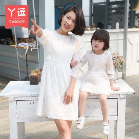 丫逗童装女童亲子装连衣裙2016秋装韩版母女装公主裙纯色圆领套头童装裙子